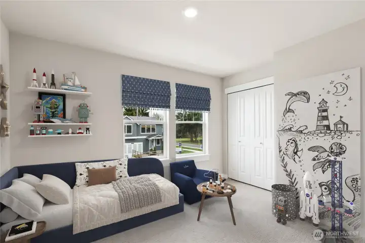 2nd of four upstairs bedrooms, virtually staged.  Tons of light!