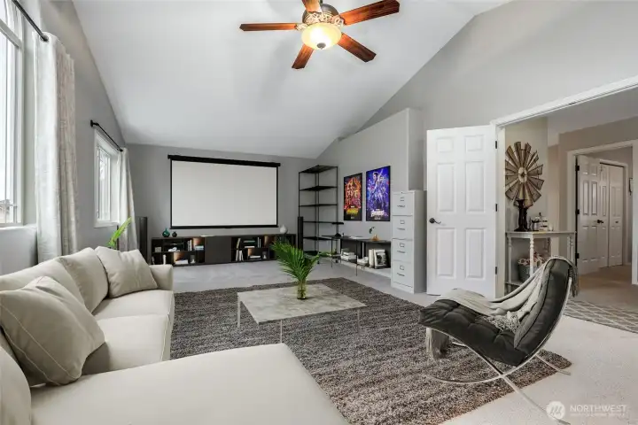 Upstairs great room. Virtually staged