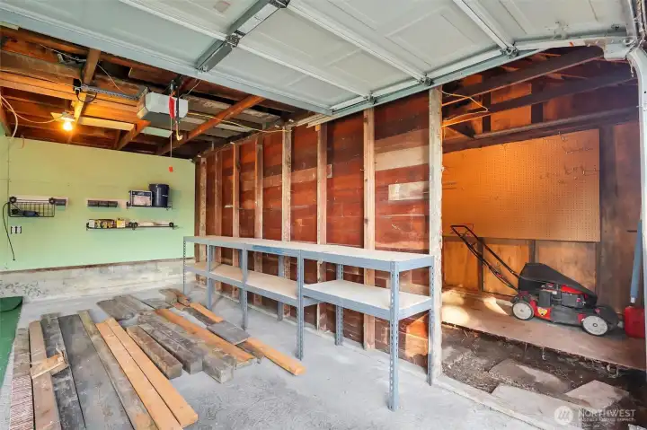 Workshop space inside detached garage.
