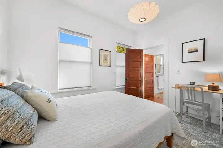 View from the main floor bedroom to the bathroom just across the hallway