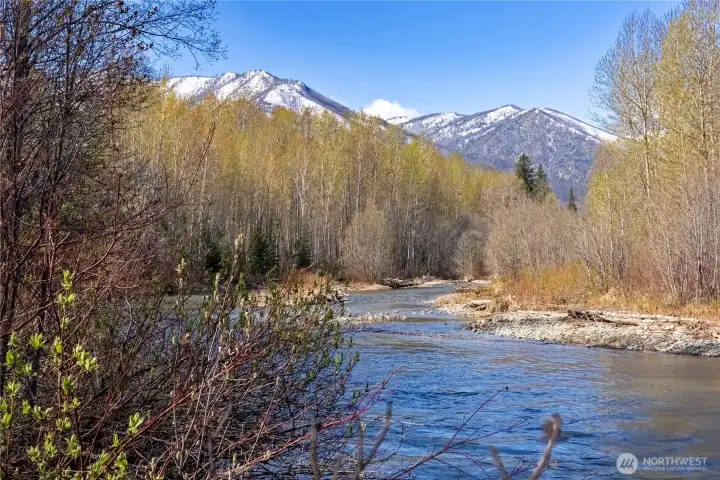 The property has extensive frontage on a protected and private reach of the Twisp River with mountain views in the distance. The property has extensive frontage on a protected and private reach of the Twisp River with mountain views in the distance.