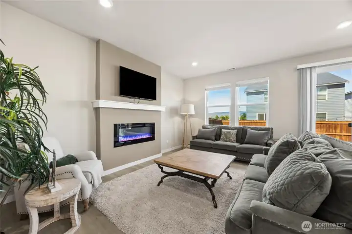 Mantle with electric fireplace. Home is staged.