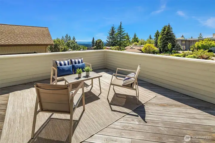 Sunny west facing wrap around deck opens off the kitchen and family room
