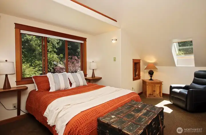 We are now upstairs in Bedroom #2 that looks out upon the Northeast part of the property. Closet (not in photo) with solid Fir doors. We are now upstairs in Bedroom #2 that looks out upon the Northeast part of the property. Closet (not in photo) with solid Fir doors.