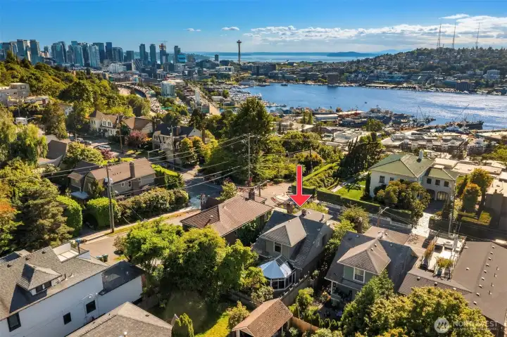 Drone view across to Lake Union Drone view across to Lake Union