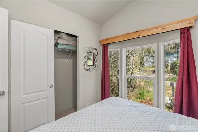 Large closet and big windows in bedroom
