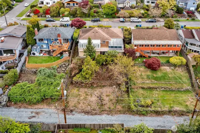 Overhead view of the alley and back of the property.