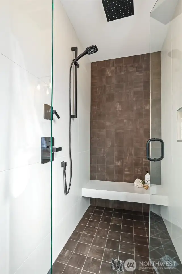Luxury Shower with Stone Floor, Rain Head, Handheld and Built-In Shelf,Bench