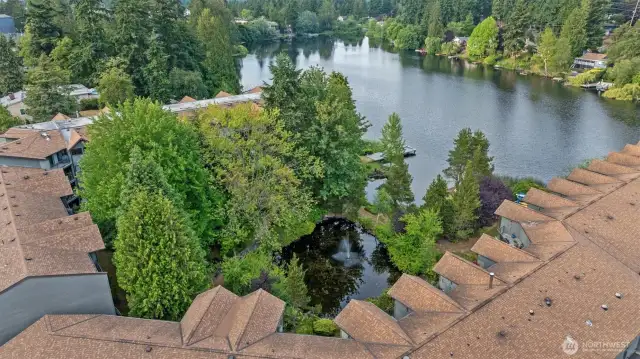 A view of the courtyard  from above shows the lovely fountain and private cove that residents have access to.