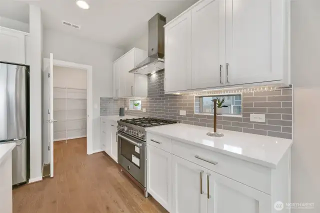 gorgeous kitchen with small windows & gas stove/oven + large pantry