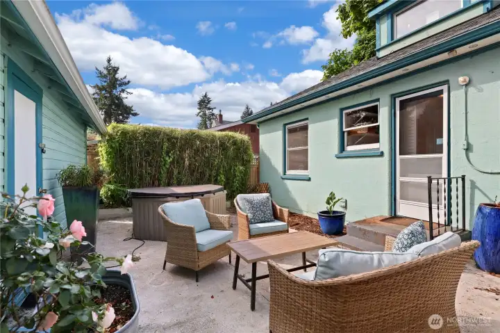 Private patio with hot tub