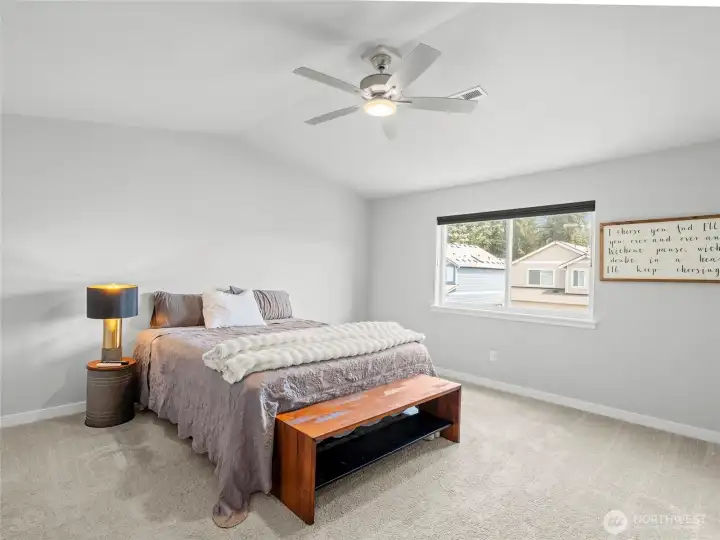 The generously sized primary bedroom features plush carpet, a ceiling fan with light, and a large window. A calm, restful retreat with plenty of space for a king-size suite.