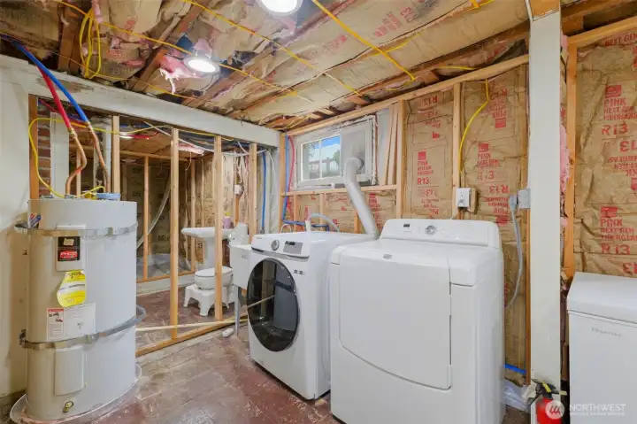 Unfinished utility room. W/D stay! All flooring, insulation and drywall needed to finish space comes with home