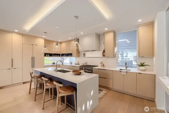 The eating bar with a Push-to-Open refrigerator in background.