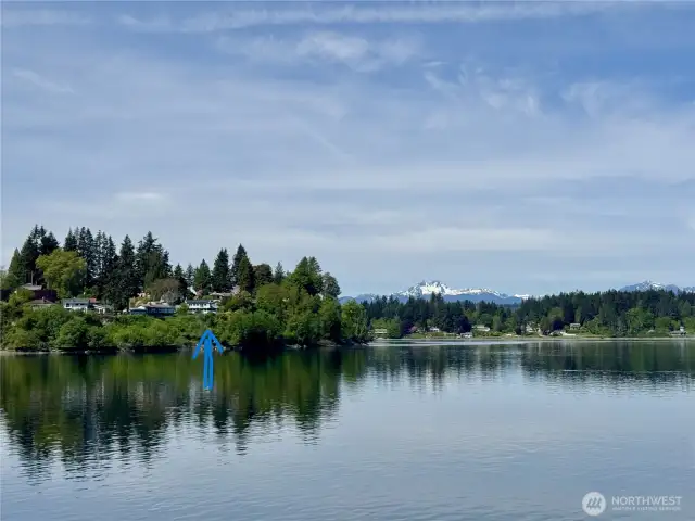 View from the east showing the location of this high-bank waterfront property, such a great spot!