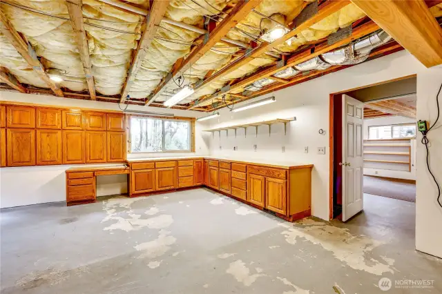 Lower-level garage space with loads of storage.  1,500 feet unfinished in the basement, myriad possibilities for future use.