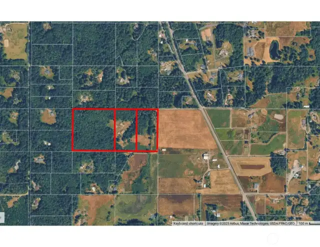 The twenty acres is comprised of three tax parcels, two five-acre and one ten acres.  Zoning for the area is Rural Residential, one home to five acres.