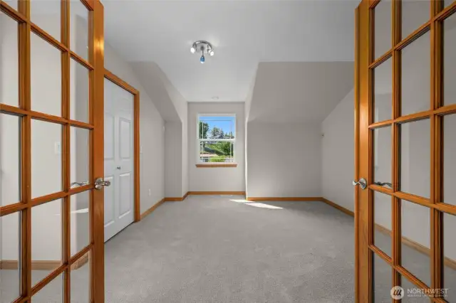 An upstairs guest room with multiple windows and an ample closet.