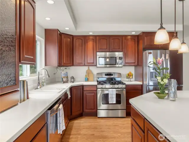 Plenty of counter space and cabinetry. Stainless steel appliances, including gas range are all included.