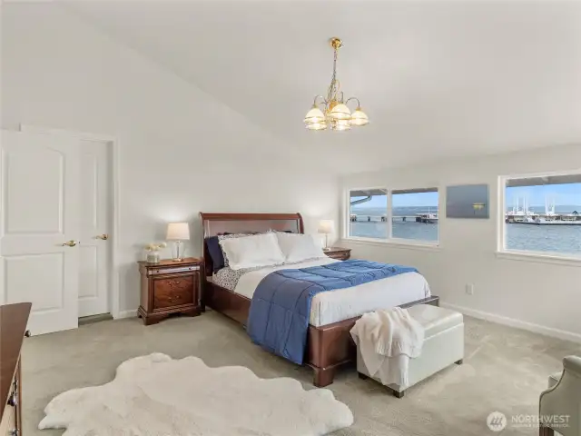 Vaulted ceilings, walk-in closet, and en-suite bathroom are some of the features of this large corner room. Did I mention the views?