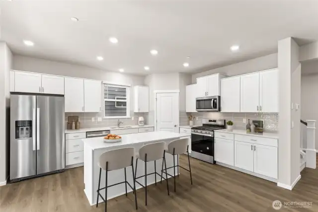 Actual cabinets are 36 inch beach shaker-style with crown molding, soft close and dovetail. Photos are for representational purposes only. Colors and finishes may differ.