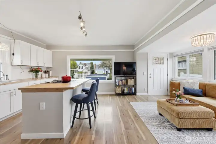 View of the kitchen and living room.