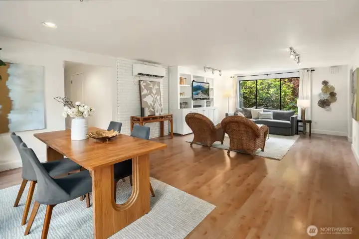 The dining nook extends into a comfy family room.