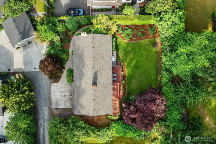 Birds-eye view of the expansive 11,300 sq. ft. lot.