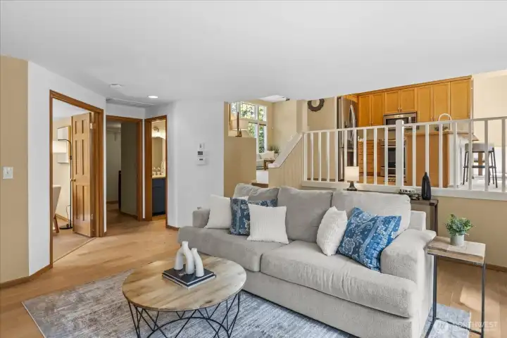 Kitchen opens to the family room downstairs for open concept living.