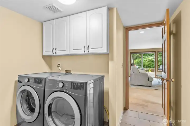 Enter from the garage to the laundry/utility room on the lower level.