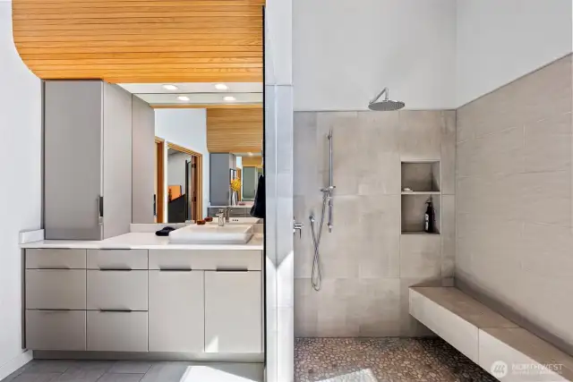 Truly luxurious, start your day with in this no-entry shower and a view of Mt. Rainier.