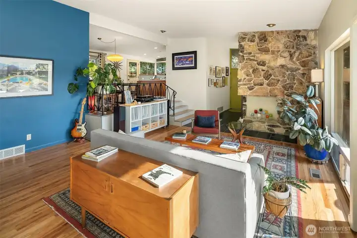 From here, you can see the steps up to the elevated dining room and kitchen.