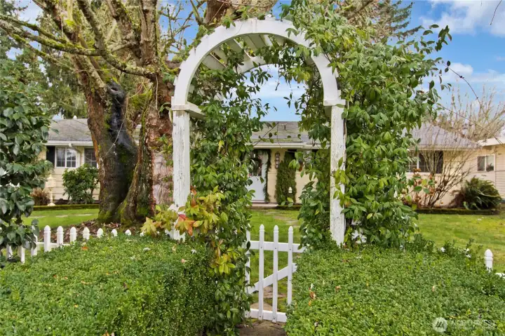 Timeless curb appeal with arched trellis pathway.
