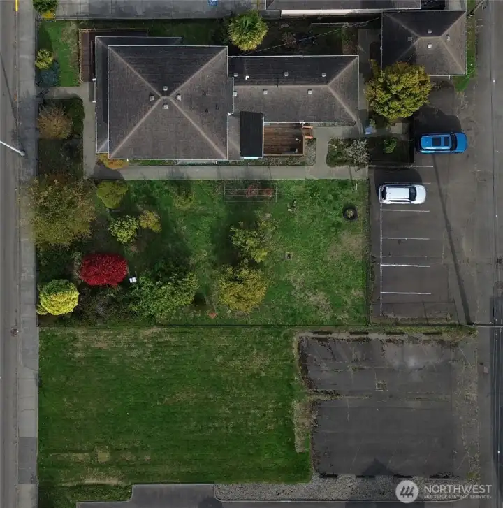 View from above of subject lot (@ bottom of pic) with neighboring Garden Lot and Commercial Craftsman building (also for sale NWMLS #2475284)