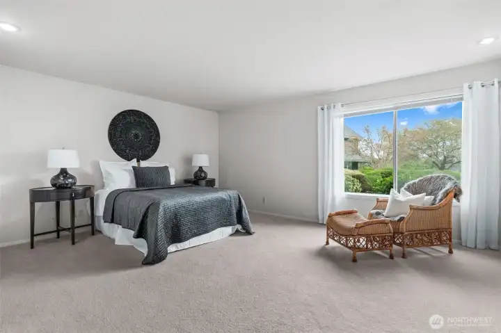 Primary suite with three oversized closets, with built in shelves