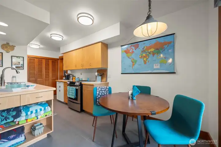 Open concept living, dining, kitchen area in the apartment