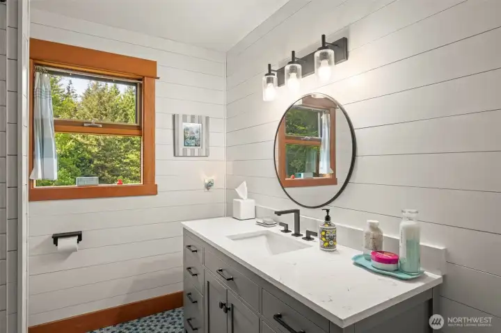 Custom shiplap bathroom on the main