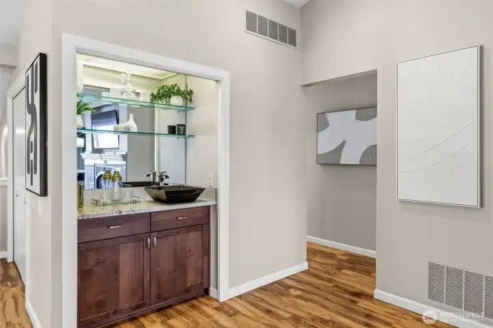 A versatile beverage bar ready to be transformed into a coffee bar, wine bar, or a custom creation all your own. A versatile beverage bar ready to be transformed into a coffee bar, wine bar, or a custom creation all your own.