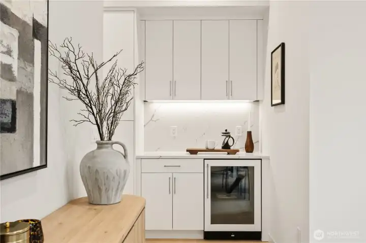Coffee nook with wine fridge for entertaining