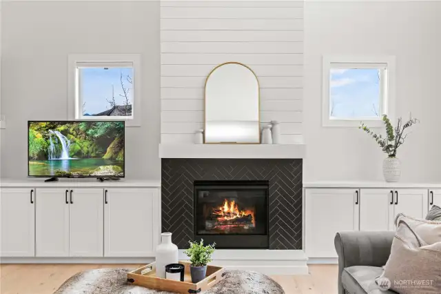 Gas Fireplace with Hearth, Herringbone Tile & Built-Ins