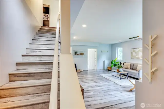 New flooring!  Stairs from the main level to the lower level.  Notice the powder room at the top of the stairs to give you a sense of where the stairs are located.