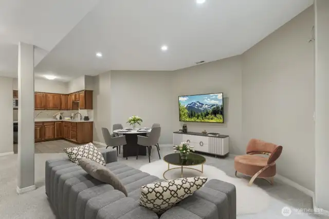 Virtually-Staged downstairs family room with kitchenette