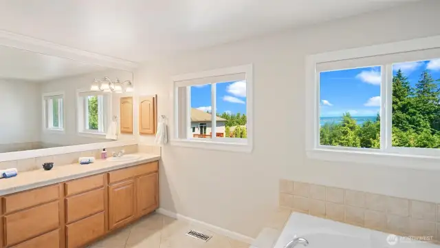 Primary ensuite bath has the most expansive water view