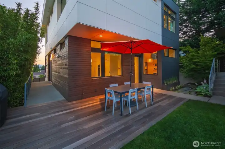 Back yard space, with large entertaining deck built at the same level as the lower yard. Gas stubbed for a BBQ