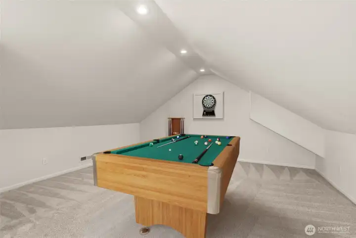 Digitally Staged Loft as game room.