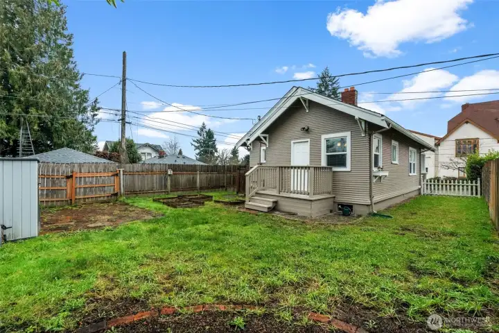 Spacious Fully Fenced Backyard with Garden Beds and Storage Shed