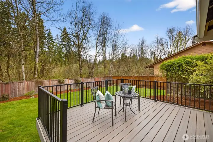 The 2020 composite deck with black metal guardrails delivers a private outdoor living space with an unobstructed view into the wooded greenbelt — no rear neighbors, just trees, sky, and the sounds of nature. It's the kind of backyard setting that turns an ordinary evening into something worth coming home for.
