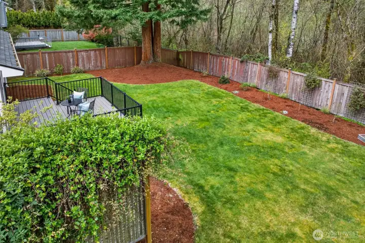 This elevated perspective reveals just how generously sized and thoughtfully landscaped the rear yard truly is — a sweeping fenced lawn with mature tree anchors, mulched borders, and a composite deck positioned for both privacy and connection to the natural greenbelt beyond. It's a complete outdoor environment that elevates the entire living experience of this home.