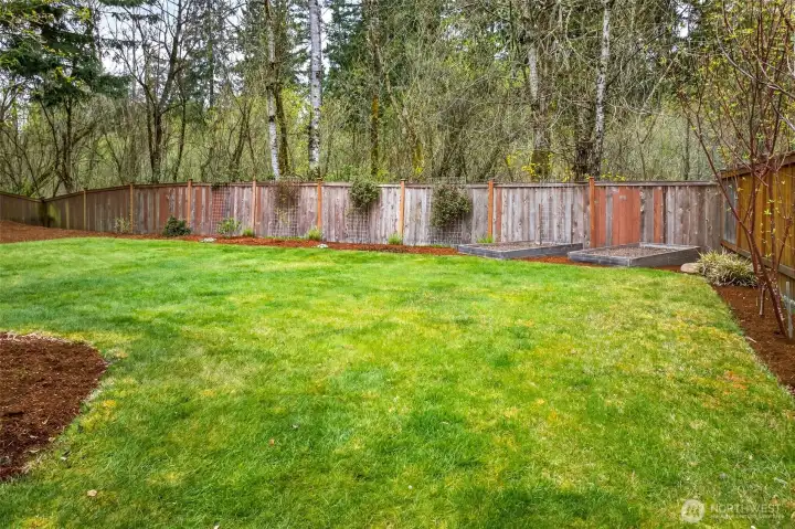 The rear fence line backs directly to a lush, natural greenbelt that provides a permanent privacy buffer with no rear neighbors — ever. Built-in raised garden beds along the fence add a practical, charming touch for anyone who enjoys growing their own herbs or vegetables in the Pacific Northwest's ideal growing climate.