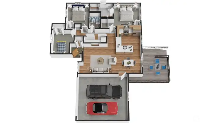This rendered floor plan brings the home's single-level layout to life, clearly illustrating the seamless flow from the two-car garage through the open-concept living, dining, and kitchen areas to the rear deck — with all three bedrooms, two baths, and laundry tucked privately off the main hallway. The layout makes exceptional use of every square foot, with no wasted space and a natural connection between indoor living and the outdoor greenbelt beyond.
